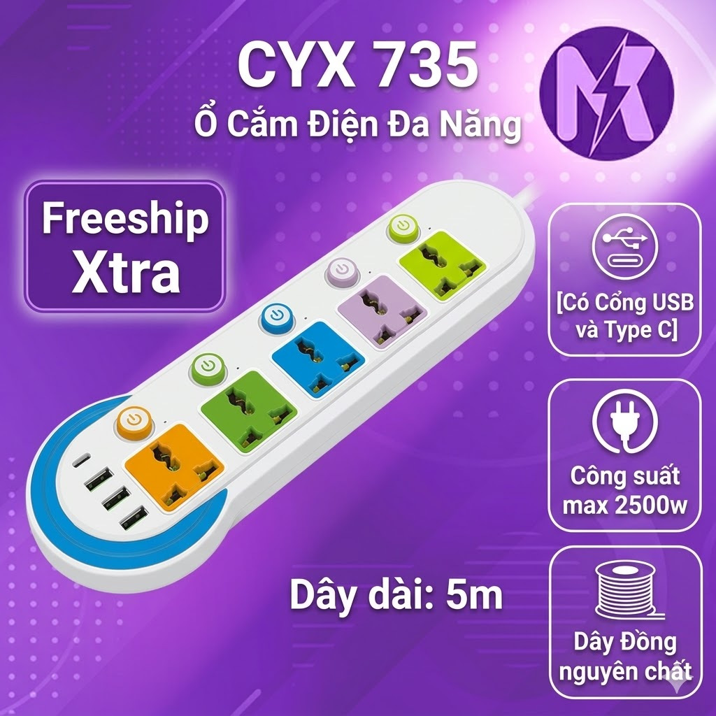 Ổ Cắm Điện Đa Năng CYX USB Type C Tự Ngắt An Toàn 2500W Dây Dài 3M 4M 5M Nhiều Ổ Cắm