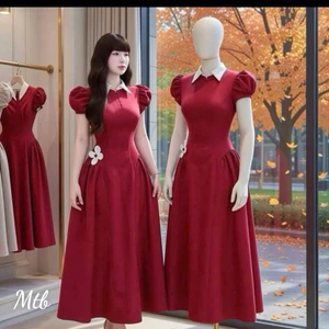Đầm cotton lạnh cổ bẻ kèm bông dài xoè to chuẩn hình cao cấp
