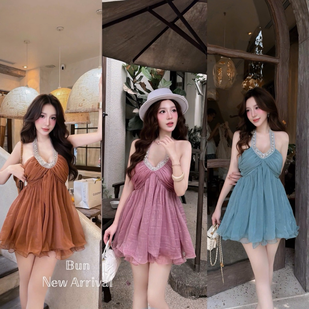 Đầm tơ cổ đá bèo xoè xinh iu