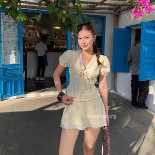 (HAVANA) Set váy kiểu nữ RIRI phối buộc dây chạy viền ren kèm chân váy lưng chun dáng A SAT463