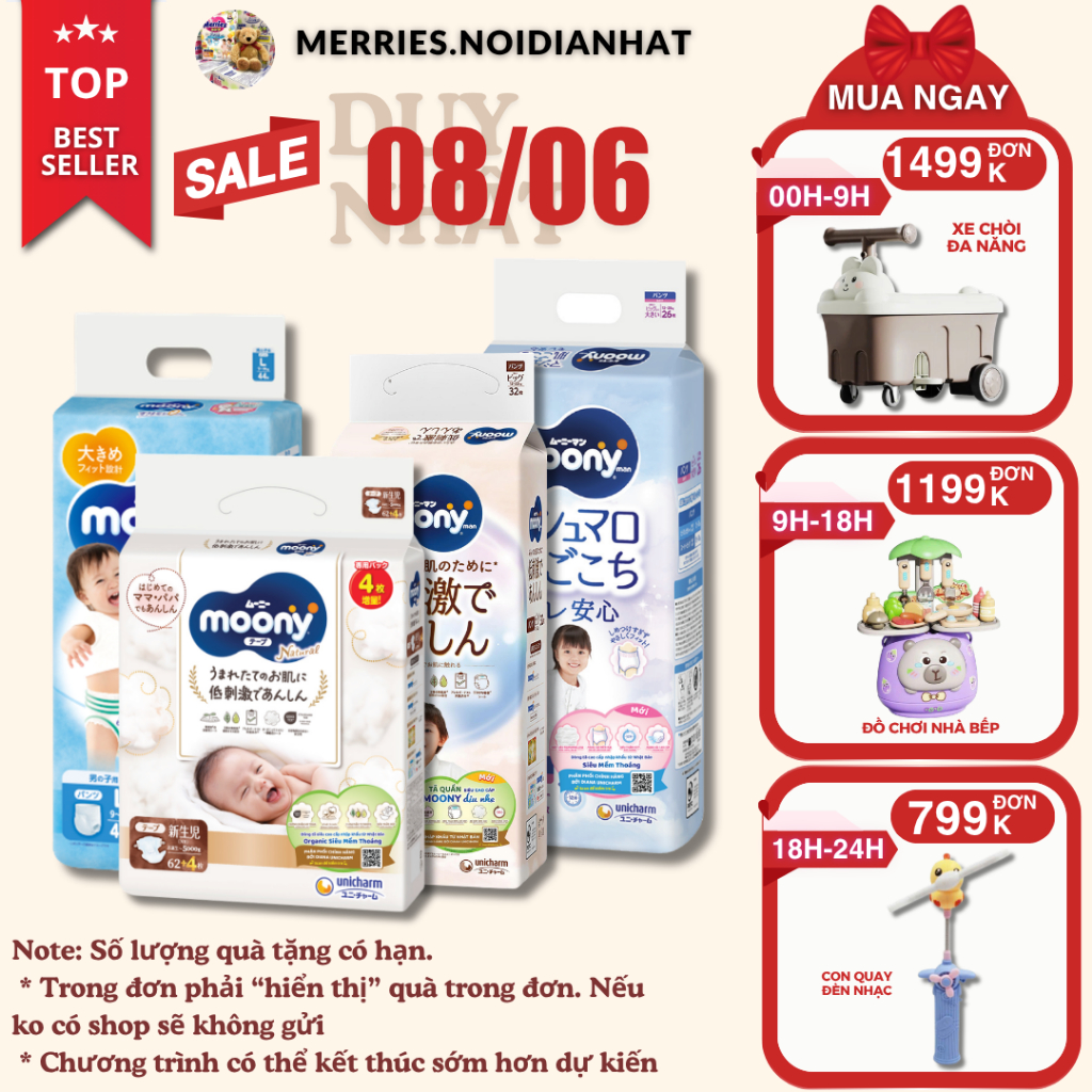 [SP có voucher live X]Tã Bỉm MOONY NATURAL dán/quần NB62/S58/M46/L38/L36/XL32