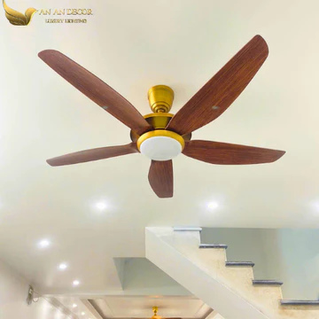 Quạt Trần Đèn 5 Cánh Màu Gỗ Thân Đồng Vàng Động Cơ DC Tiết Kiệm Điện Có Đảo Chiều Gió_KHO ĐÈN QUẠT TRẦN