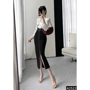 Set áo sơ mi lụa mix chân váy umi phối viền đi làm đi tiệc A2522