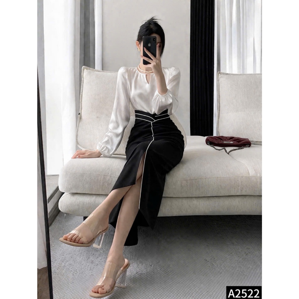 Set áo sơ mi lụa mix chân váy umi phối viền đi làm đi tiệc A2522