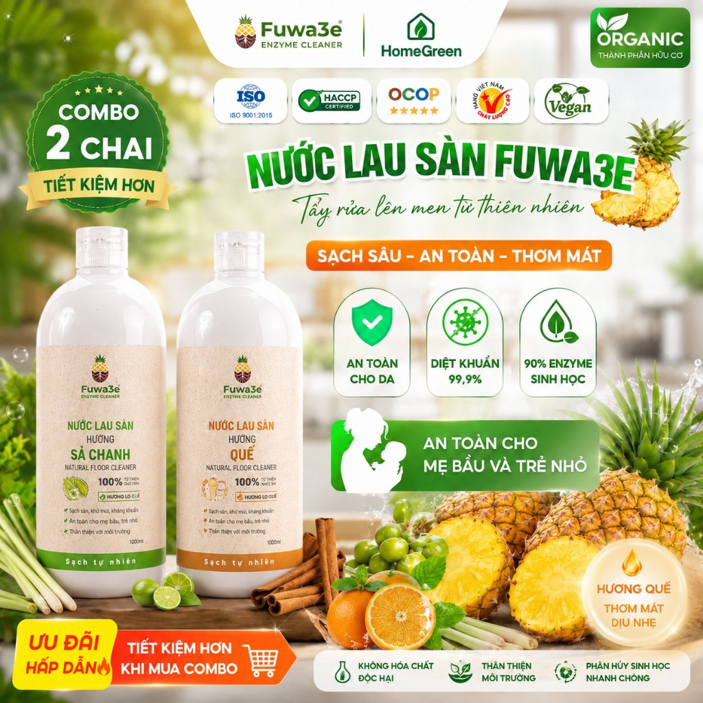 Nước Lau Sàn Hữu Cơ Sinh Học Enzyme Từ Vỏ Dứa Hương Sả Chanh/Quế Đậm Đặc - Khử Mùi, Đuổi Côn Trùng, An Toàn Cho Mẹ & Bé