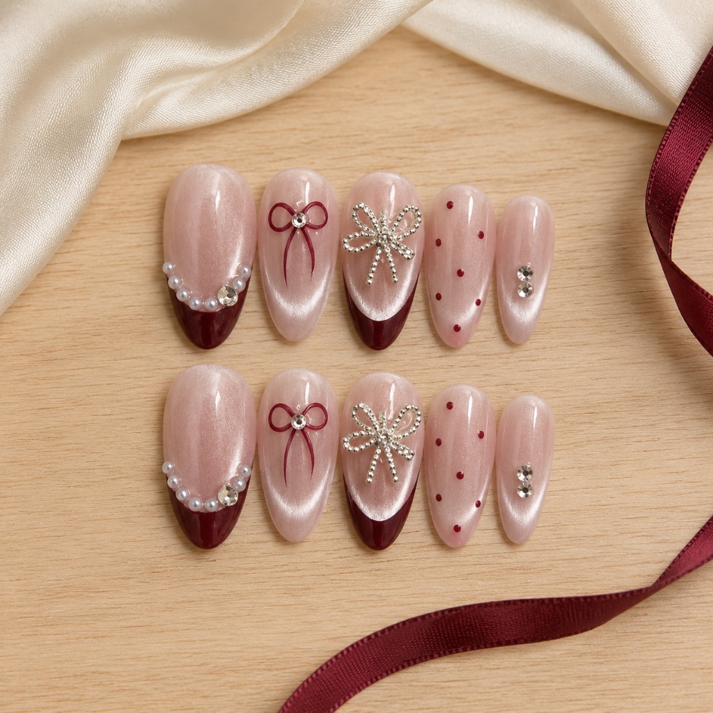[D06] Móng tay giả form nhọn dài, nailbox mắt mèo hồng đỏ vẽ đầu móng đính nơ TẶNG KEO DÁN LEUBOX