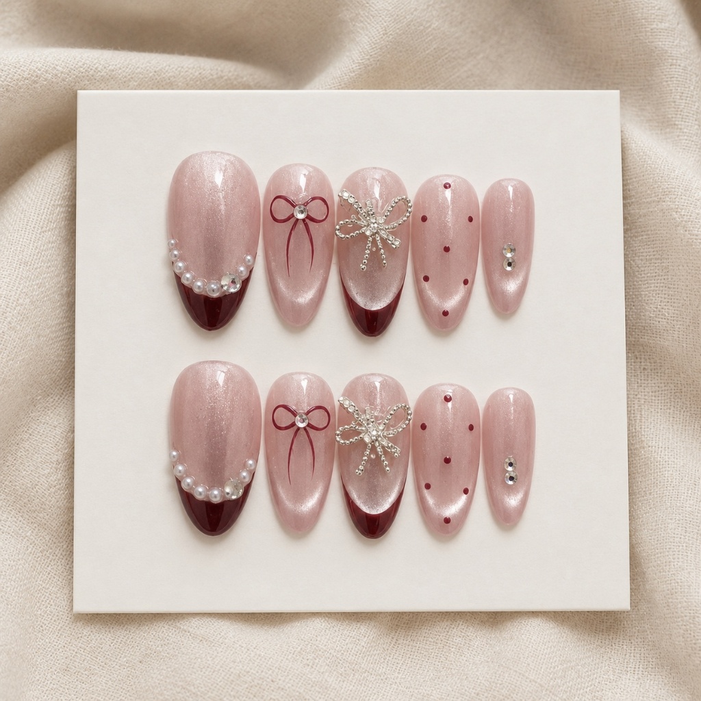 [D04] Nailbox sẵn keo móng giả vẽ đầu móng đỏ mắt mèo hồng đính đá nơ điệu đà dán nhanh ở nhà LEUBOX