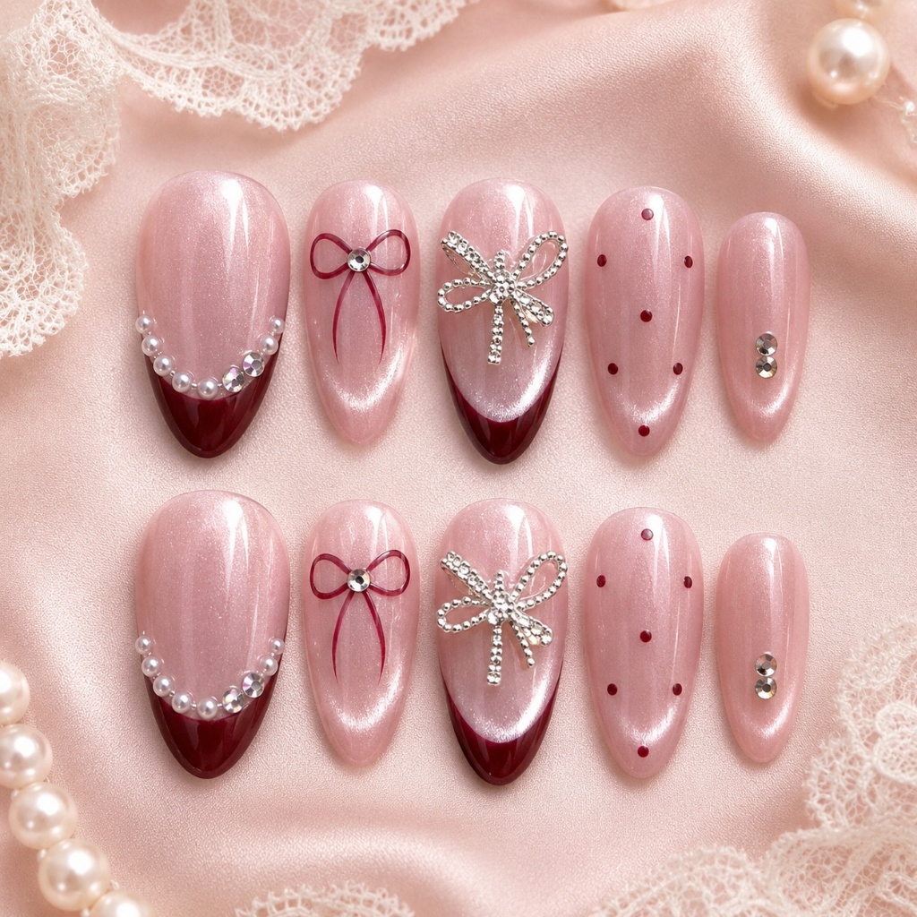[D06] Móng tay giả form nhọn dài, nailbox mắt mèo hồng đỏ vẽ đầu móng đính nơ TẶNG KEO DÁN LEUBOX