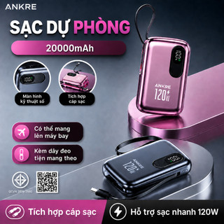 Pin Sạc Dự Phòng ANKRE 20000mAh Sạc Nhanh PD20W, Tích Hợp 2 Dây Type-C & Lightning, Có Màn Hình LED, Sạc Nhiều Thiết Bị,