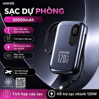 Pin Sạc Dự Phòng ANKRE 20000mAh Sạc Nhanh PD20W, Tích Hợp 2 Dây Type-C & Lightning, Có Màn Hình LED, Sạc Nhiều Thiết Bị,