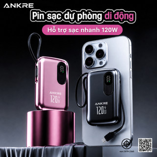 Pin Sạc Dự Phòng ANKRE 20000mAh Sạc Nhanh PD20W, Tích Hợp 2 Dây Type-C & Lightning, Có Màn Hình LED, Sạc Nhiều Thiết Bị,