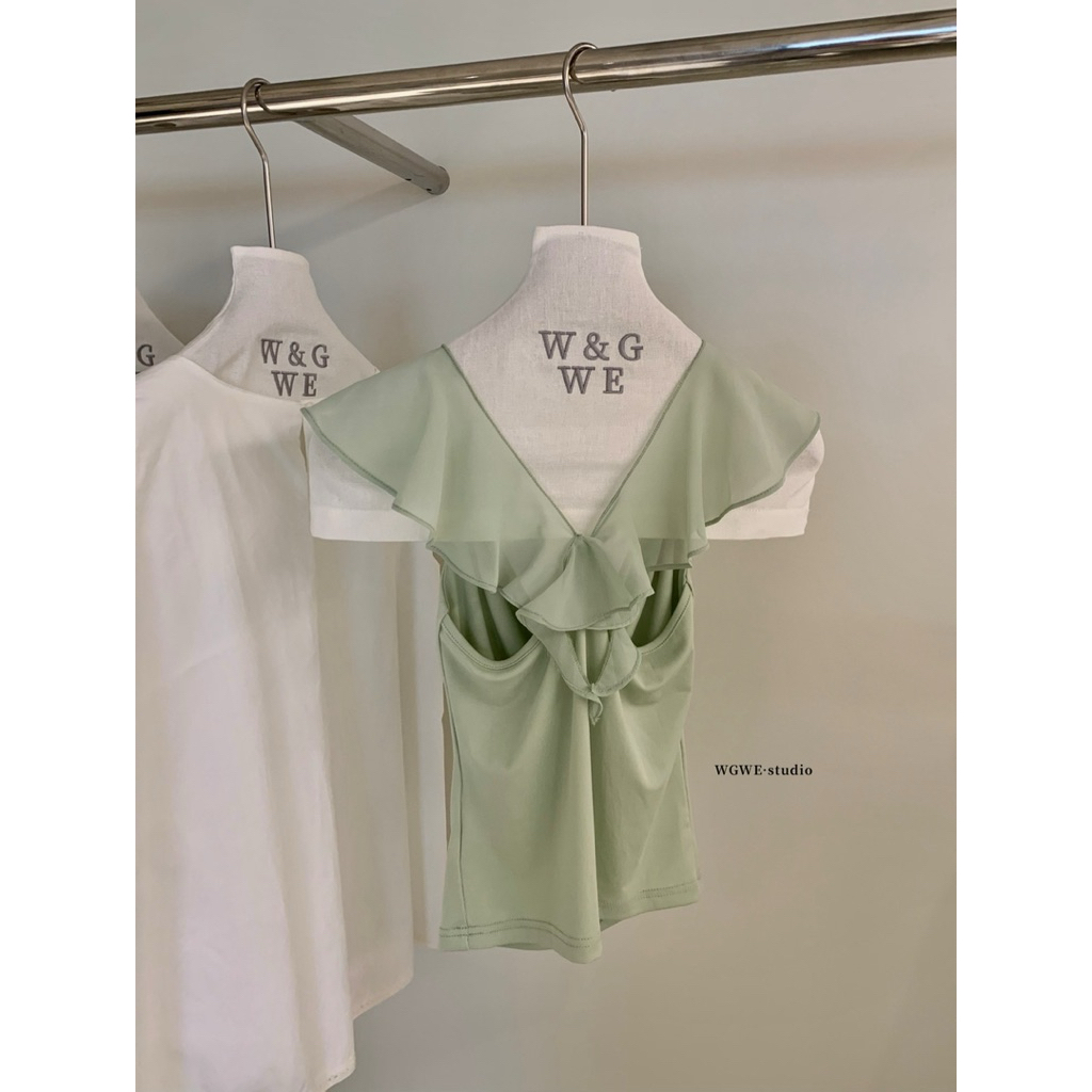[Sẵn ship] WGWE | Áo thun hai dây cánh tiên cổ đổ tay bèo voan phong cách Hàn – W9718#