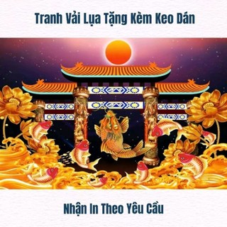 Tranh dán tường cá chép vượt vũ môn, tranh cá chép hóa rồng, tranh được in trên chất liệu vải lụa(shop tặng kèm keo dán)