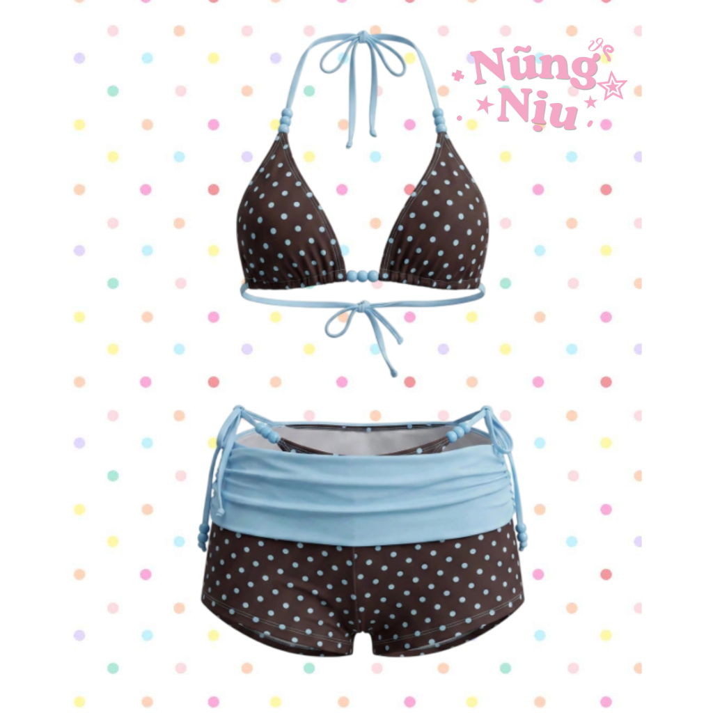 NUNG NIU - Sẵn xanh Xs, Set bikini 3 món chấm bi phối hạt trendy MỚI
