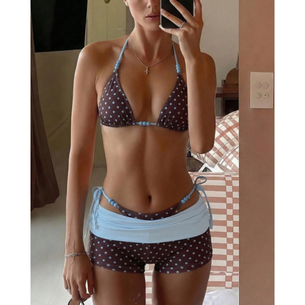 NUNG NIU - Sẵn xanh Xs, Set bikini 3 món chấm bi phối hạt trendy MỚI