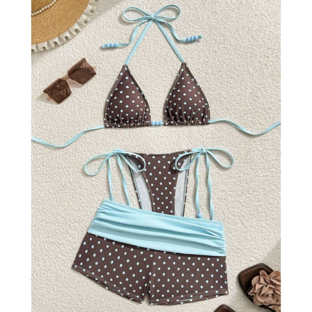 NUNG NIU - Sẵn xanh Xs, Set bikini 3 món chấm bi phối hạt trendy MỚI