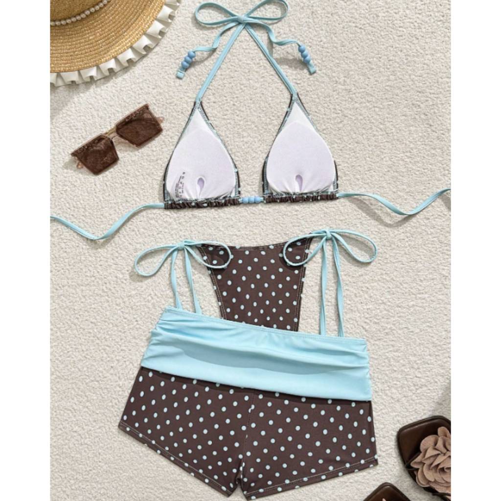 NUNG NIU - Sẵn xanh Xs, Set bikini 3 món chấm bi phối hạt trendy MỚI