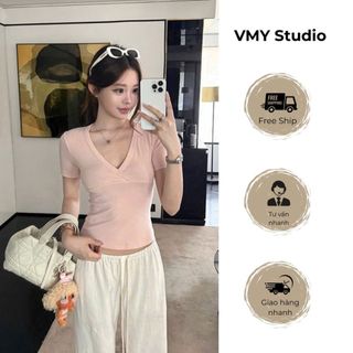 VMY Studio - Áo thun tay ngắn cổ tim from ôm xinh xắn, áo nữ tay cộc from ôm phong cách Hàn quốc nữ