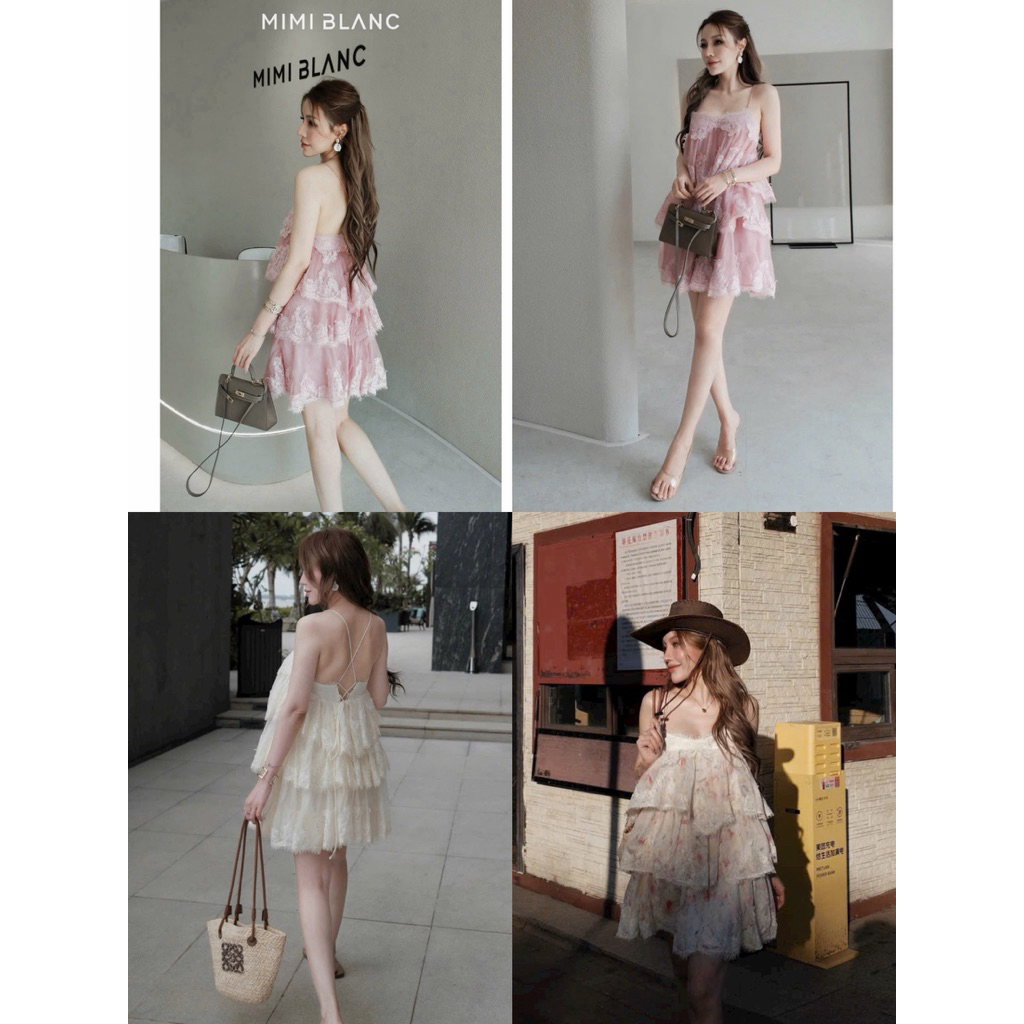 Đầm 2 dây tơ tầng viền ren Mimi Blanc