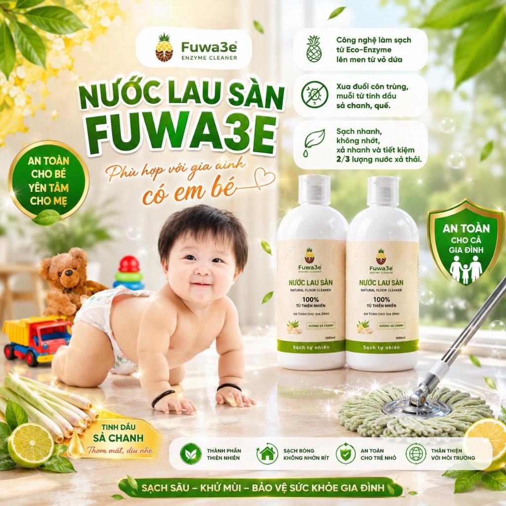 Nước Lau Sàn Hữu Cơ Sinh Học Enzyme Từ Vỏ Dứa Hương Sả Chanh/Quế Đậm Đặc - Khử Mùi, Đuổi Côn Trùng, An Toàn Cho Mẹ & Bé