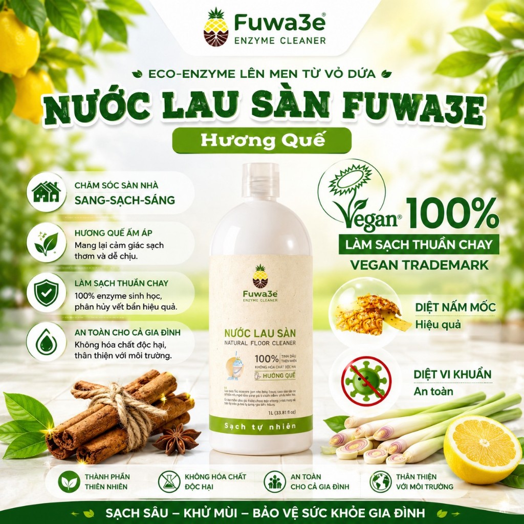Nước Lau Sàn Hữu Cơ Sinh Học Enzyme Từ Vỏ Dứa Hương Sả Chanh/Quế Đậm Đặc - Khử Mùi, Đuổi Côn Trùng, An Toàn Cho Mẹ & Bé