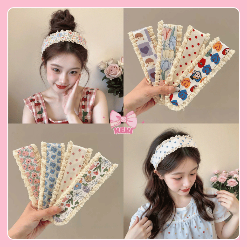 Băng đô dán mái cố định tóc viền ren hoa nhí đáng yêu phong cách Hàn Quốc chống đau đầu 33,5cm