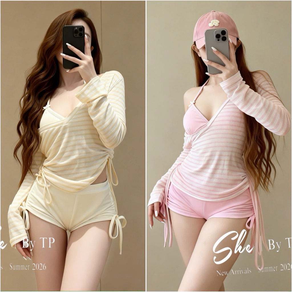 💛 Set 3 món: áo bơi + quần đùi + áo coton kẻ