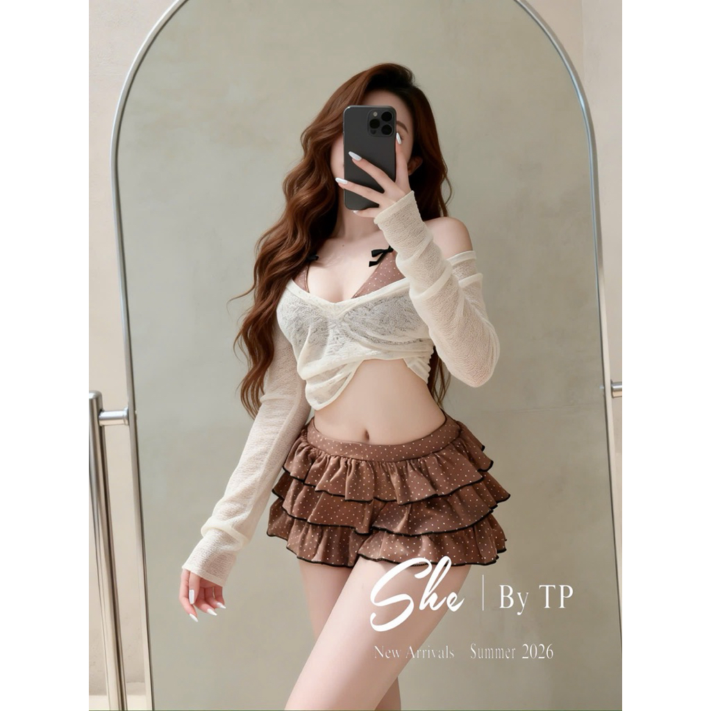 🤎 Set 3 món: bra mút + chân váy tầng + áo thun coton