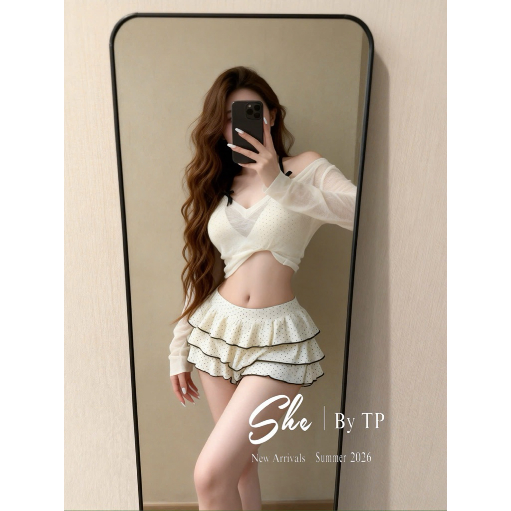 🤎 Set 3 món: bra mút + chân váy tầng + áo thun coton