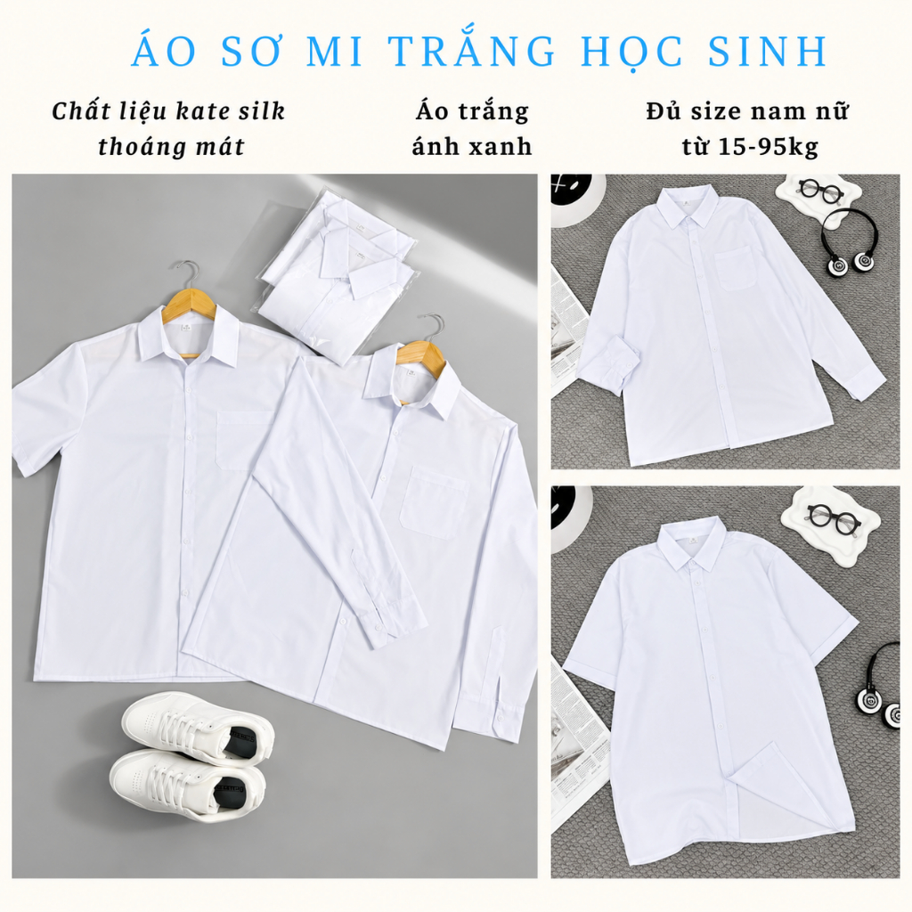 Áo Sơ Mi Nam Nữ Đẹp Vải KATE Thun Màu Trắng Xanh Cho Học Sinh Cấp 1 2 3 Co Giãn Nhẹ Vạt Ngang Form Ngắn Có Túi Đồng Phục