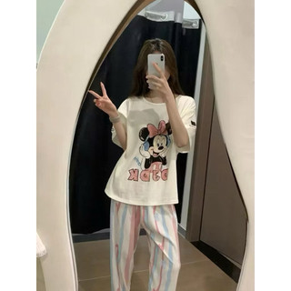 Set áo phông mickey mix quần suông kẻ hồng