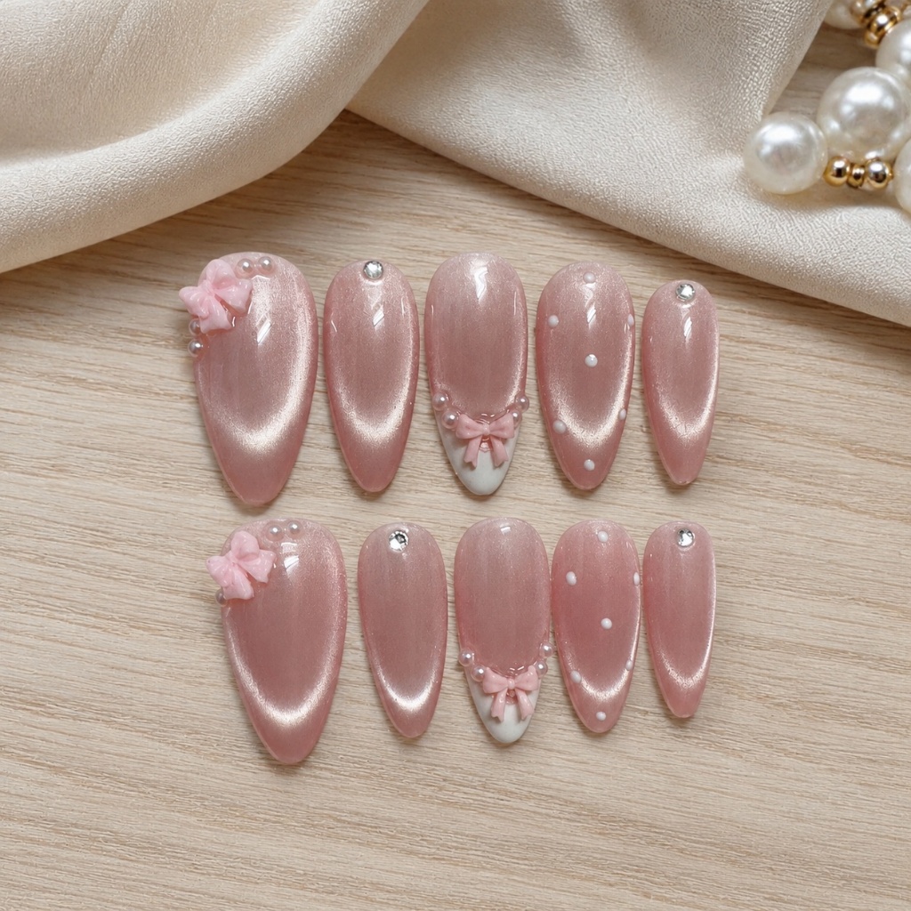 [D02] Móng tay giả dán keo nail box dán sẵn form nhọn dài hồng mắt mèo đính nơ chấm bi tặng keo dán