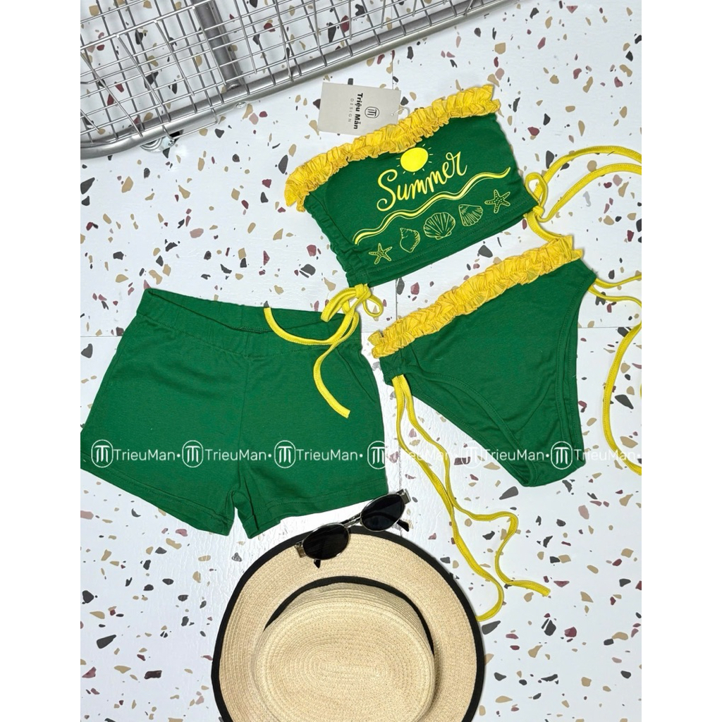 Set bikini phối tơ bèo 3 món gram màu xinh đỉnh ạ😍