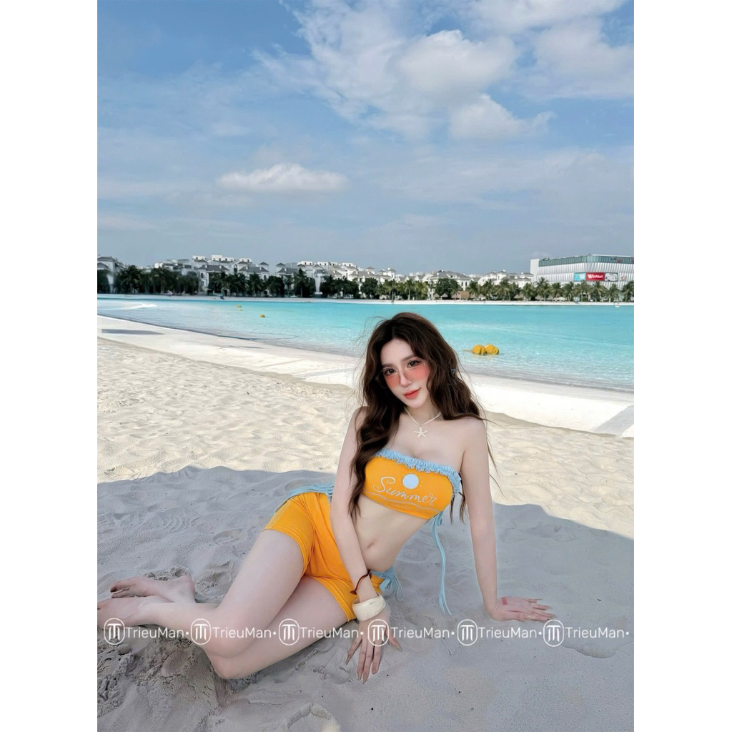 Set bikini phối tơ bèo 3 món gram màu xinh đỉnh ạ😍