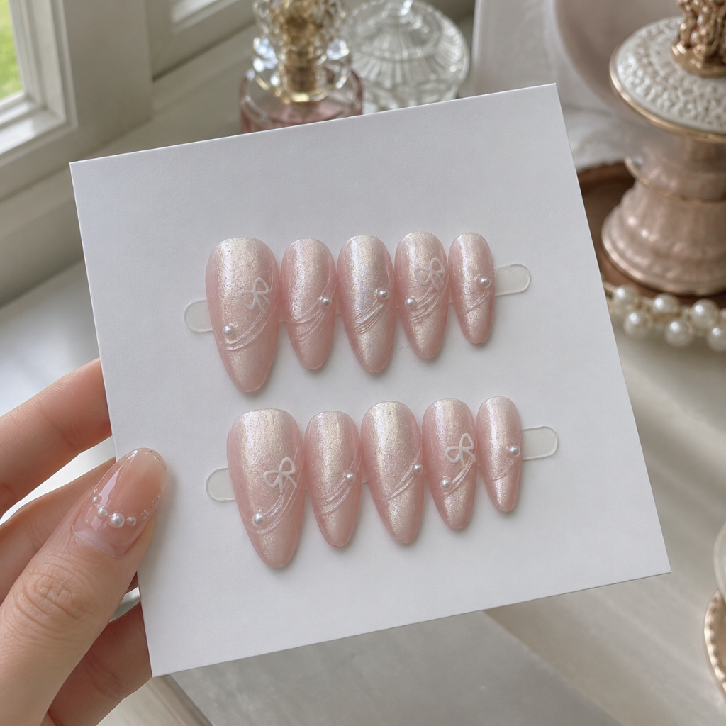 [D01] Móng giả mắt mèo hồng nude đính nơ điệu đà, nailbox tự dán tặng kèm dụng cụ 6 món LEUBOX