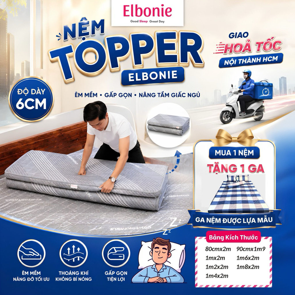 Nệm Topper Cao Su Non Cao Cấp Dày 6cm êm ái, gọn nhẹ, không hầm bí nóng, đủ size giao nhanh toàn quốc Tặng 1 Ga Bo Chun