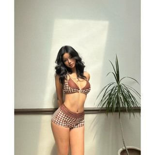 •CÓ SẴN HN• HỎA TỐC Bikini 2 mảnh chấm bi phối caro nâu, dáng quần sooc Set Đồ  Nữ Thời Trang hàng QCCC