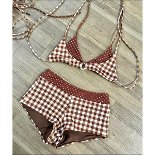 •CÓ SẴN HN• HỎA TỐC Bikini 2 mảnh chấm bi phối caro nâu, dáng quần sooc Set Đồ  Nữ Thời Trang hàng QCCC