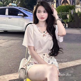 QCL1 3103 Áo thun giấy cổ V viền ren đan lưng siêu mỏng nhẹ,siêu mát(Freesz)