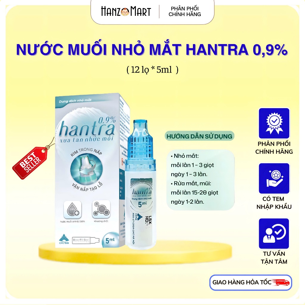 Nước muối sinh lý nhỏ mắt mũi Hantra 0,9% vệ sinh, giảm khô mắt ( 12 lọ x5ml )
