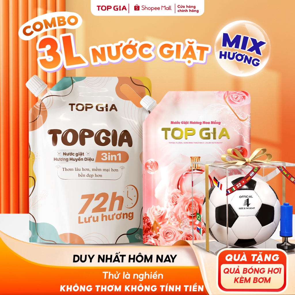 [TẶNG BÓNG ĐÁ] Combo 3L Nước Giặt Xả TopGia 3in1 Hương Huyền Diệu Hoa Nắng, Túi 2L,1L