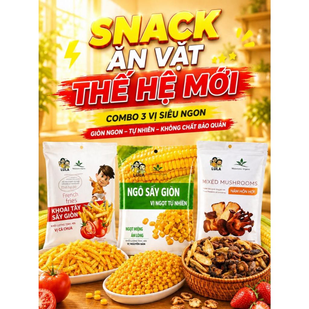 COMBO SNACK THẾ HỆ MỚI WAKAMONO ORGANIC: Khoai tây sấy giòn vị cà chua + Ngô sấy giòn + Nấm mix vị truffle