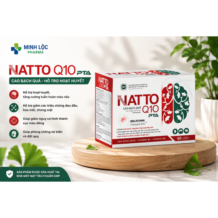 Viên uống bổ não NATTO Q10 PTA Ginkgo biloba - Hoạt huyết, tăng tuần hoàn máu não, trí nhớ hỗ trợ ngừa đột quỵ