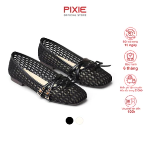 Giày Búp Bê Nữ Đế Bệt Da Vải Lưới Quai Ngang Đan Chéo Phối Khóa Đính Nơ Pixie H460