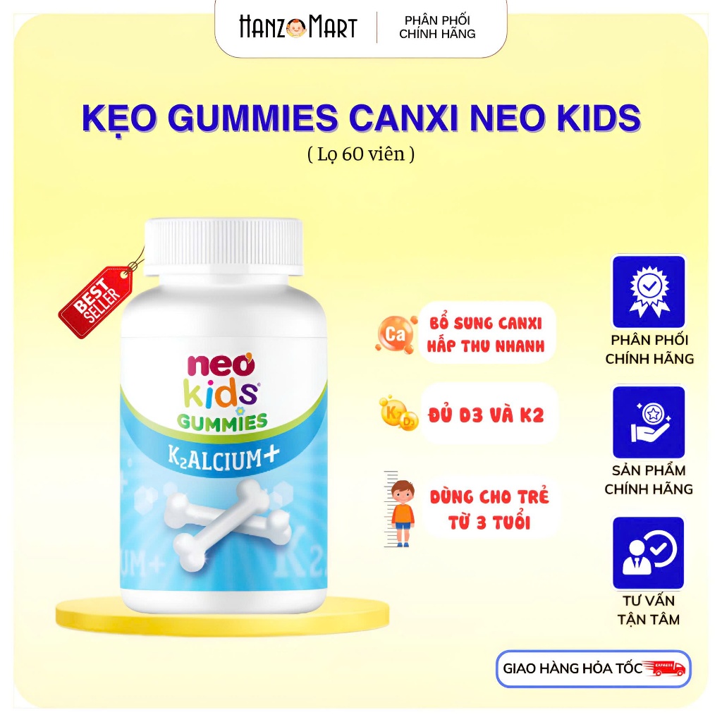 Kẹo Gummies canxi vị sữa chua Neo Kids hộp 60 viên nhai - hanzomart