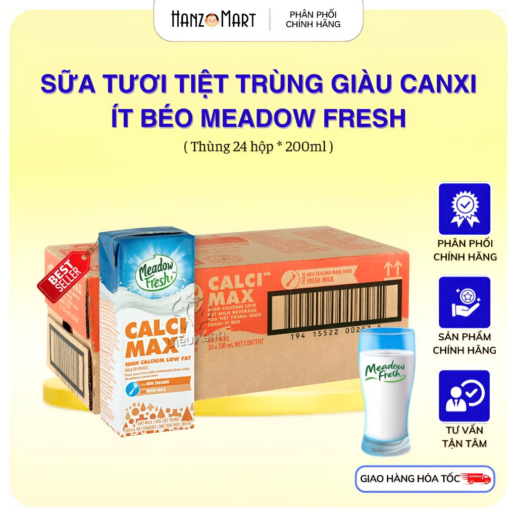 Sữa tươi Newzealand Meadow Fresh calci max 200ml cho bé (24 hộp x 200ml)