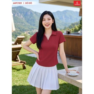 (Sẵn) 6APC13 Áo thun nữ CARDINA chất thun cotton  tay cộc cổ V bẻ nẹp basic dễ mặc 6APC13