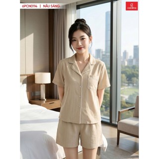 (Sẵn)6PCN01Đồ bộ nữ CARDINA chất liệu đũi bamboo áo cộc quần đùi phối viền  kiểu dáng đơn giản thoải mái trẻ trung