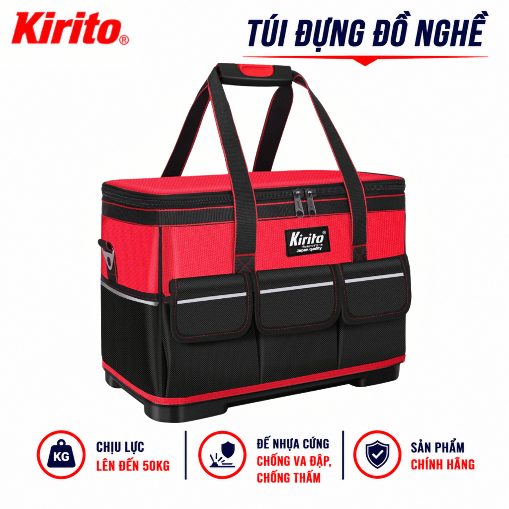 Túi Đựng Dụng Cụ KIRITO Vải Dày 600D – Chống Thấm, Đế Chịu Lực, Đựng Đồ Nghề Cơ Khí, Điện Màu Đỏ