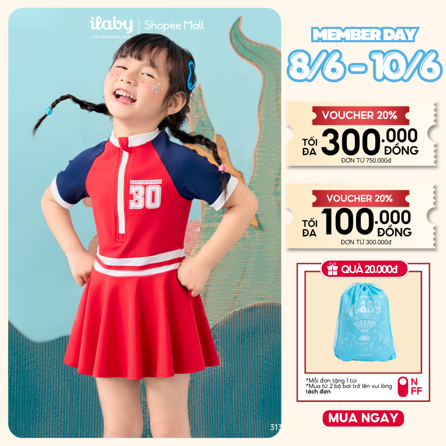 [ILABY 9-38kg] Váy bơi bé gái thiết kế áo cộc tay liền chân váy có lót quần chất liệu thun lạnh [3135]